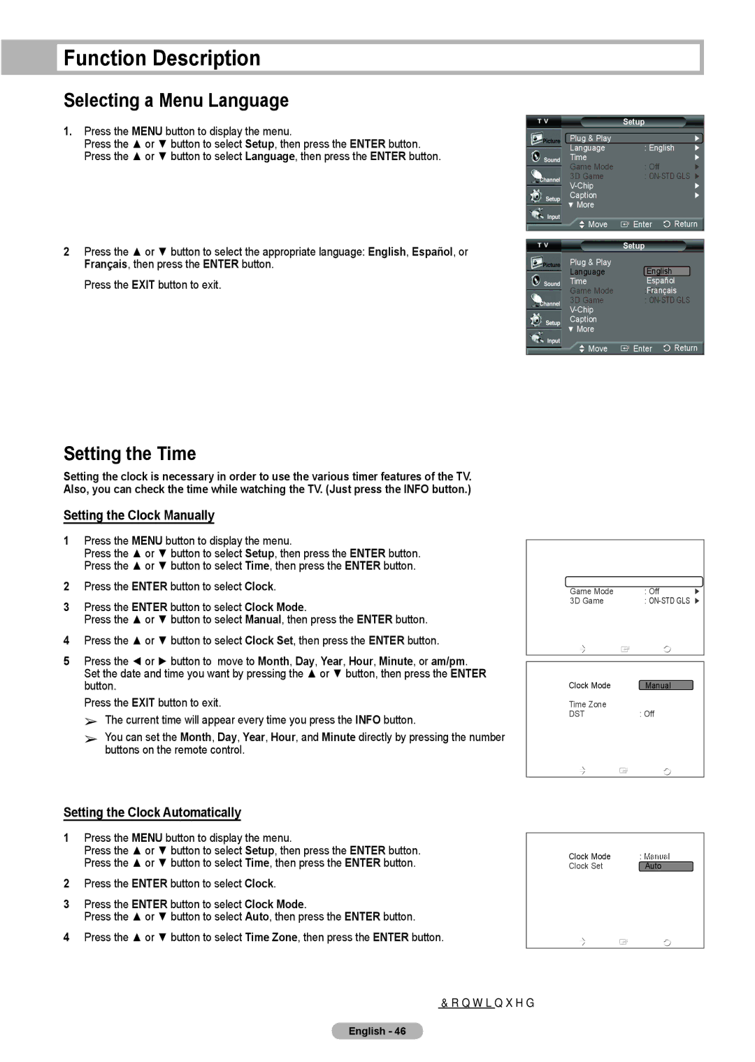 Samsung HL-T5675S, HL-T5075S Function Description, Selecting a Menu Language, Setting the Time, Setting the Clock Manually 