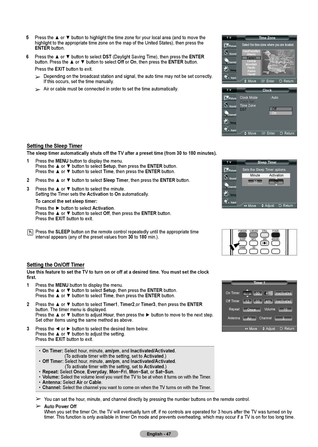 Samsung HLT4675S, HL-T5075S, HL-T5675S manual Setting the Sleep Timer, Setting the On/Off Timer 