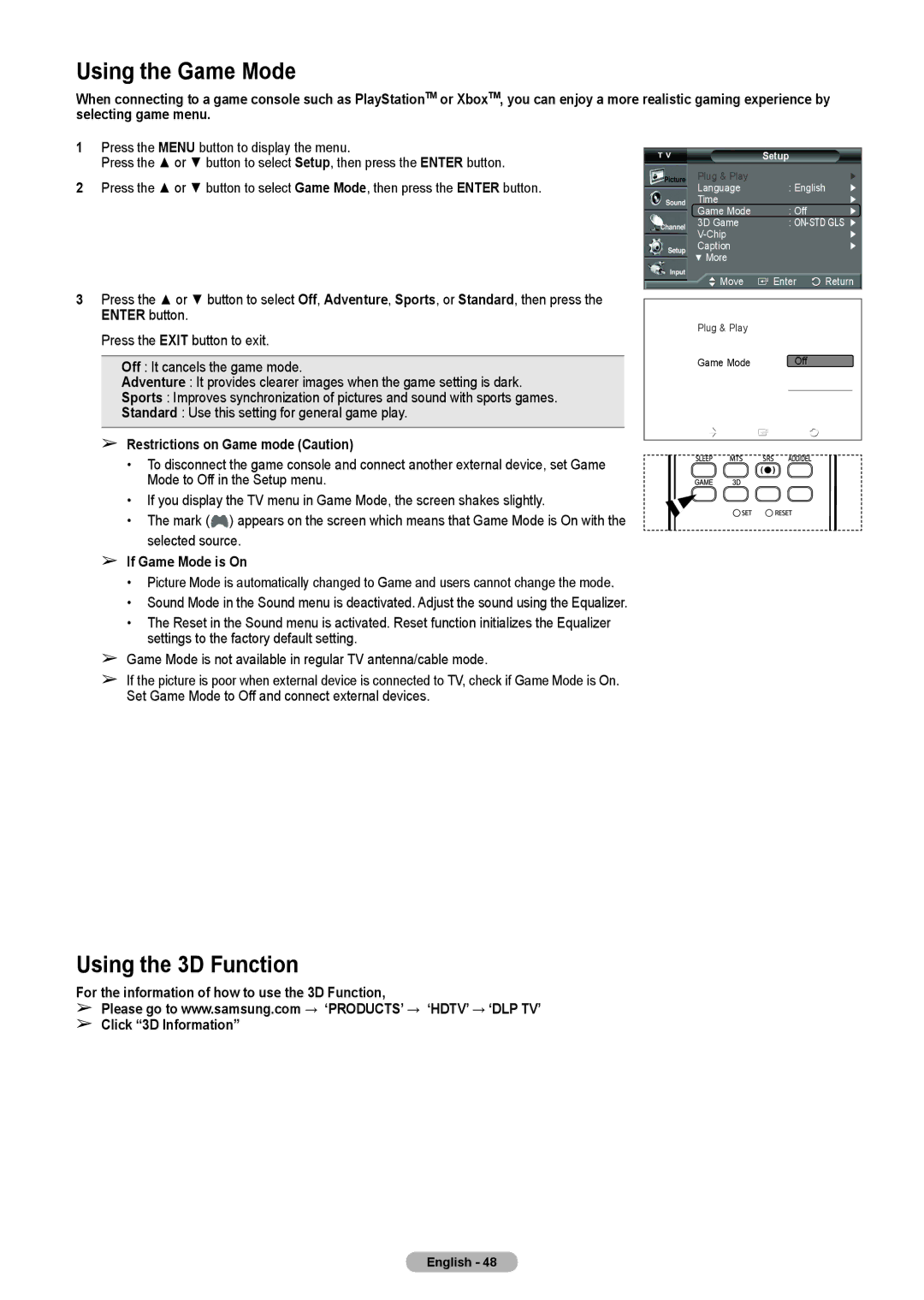 Samsung HL-T5075S manual Using the Game Mode, Using the 3D Function, Restrictions on Game mode Caution, If Game Mode is On 