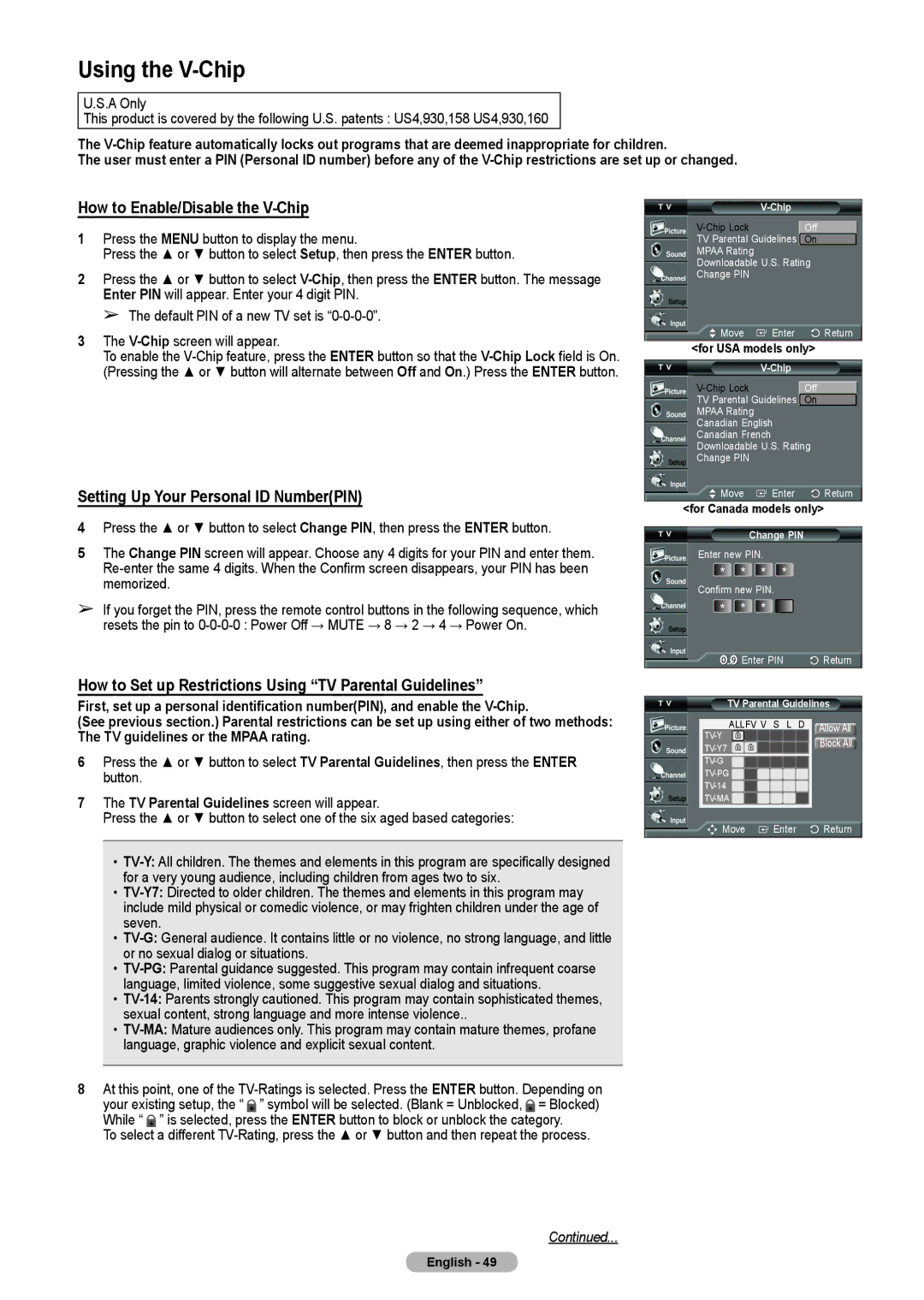 Samsung HL-T5675S, HL-T5075S Using the V-Chip, How to Enable/Disable the V-Chip, Setting Up Your Personal ID NumberPIN 
