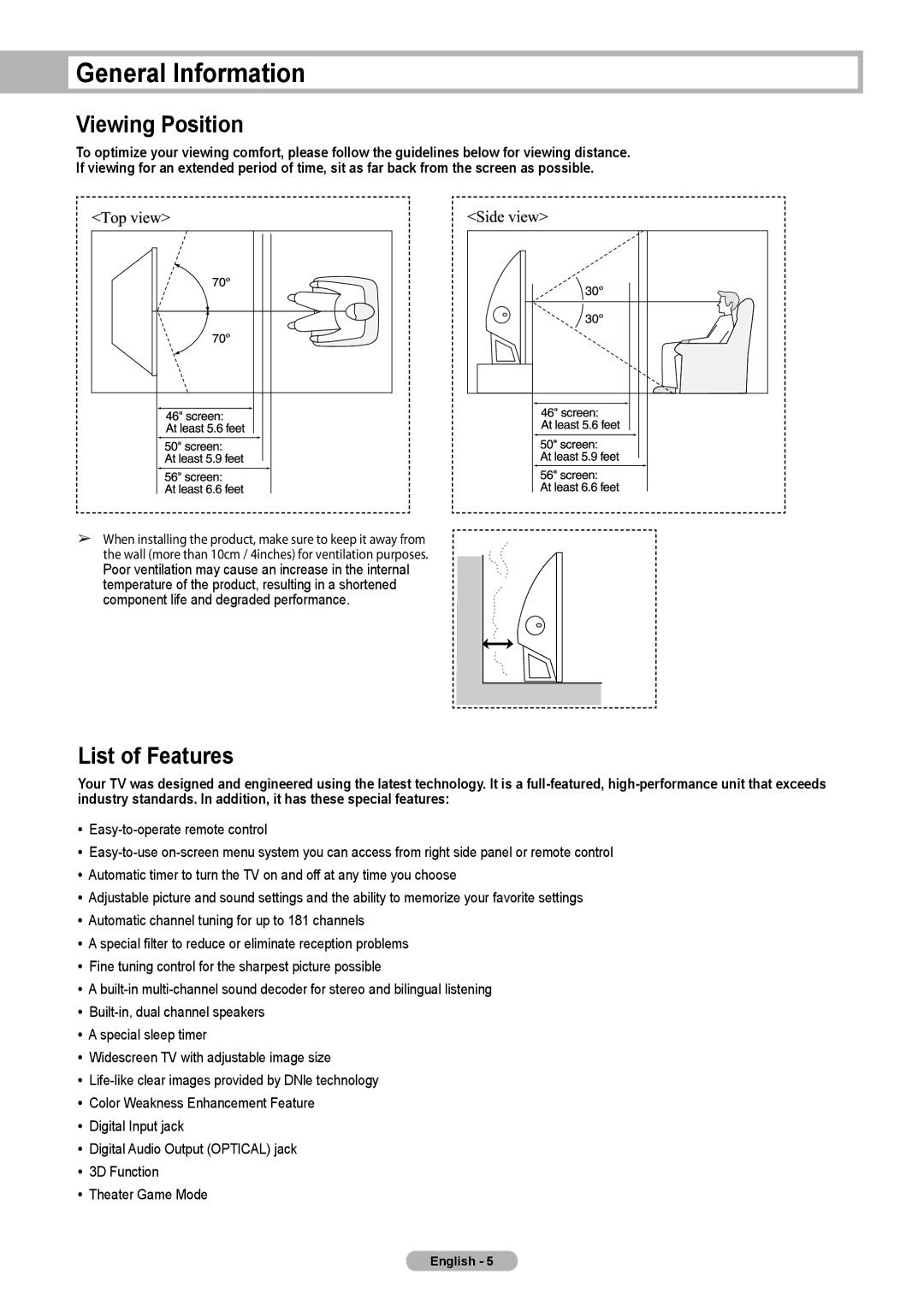 Samsung HLT4675S, HL-T5075S, HL-T5675S manual General Information, Viewing Position, List of Features 