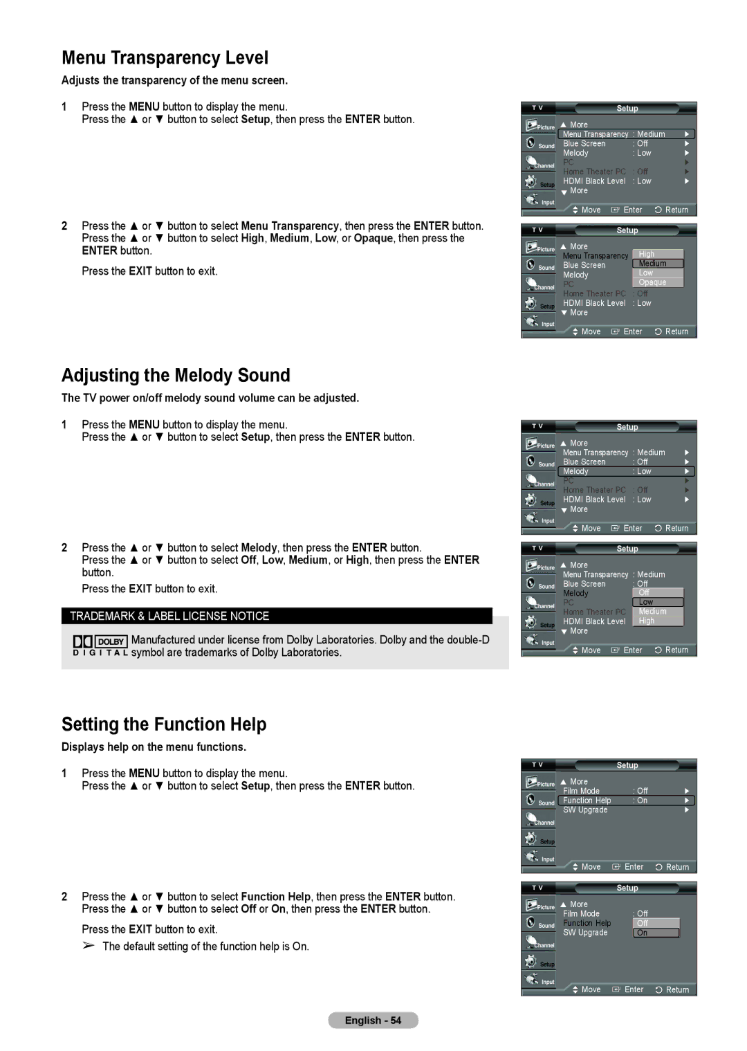 Samsung HL-T5075S, HL-T5675S, HLT4675S manual Menu Transparency Level, Adjusting the Melody Sound, Setting the Function Help 