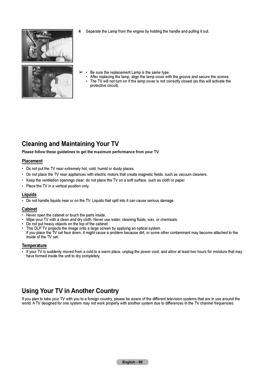 Samsung HL-T5675S, HL-T5075S, HLT4675S manual Cleaning and Maintaining Your TV, Using Your TV in Another Country 