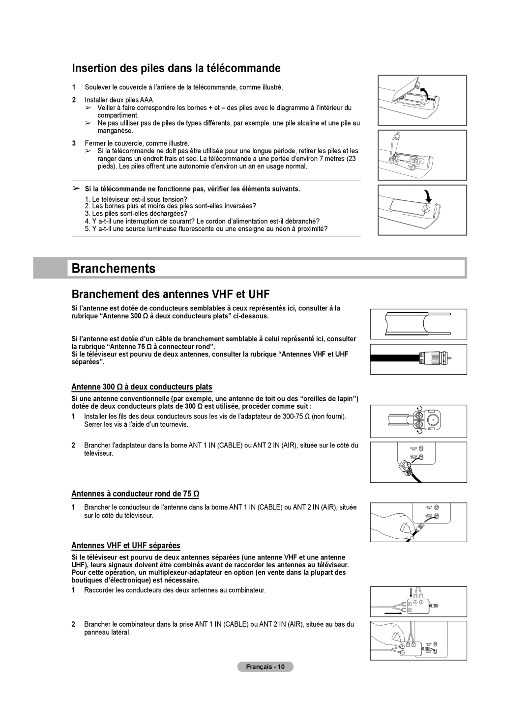 Samsung HL-T5675S, HL-T5075S Branchements, Insertion des piles dans la télécommande, Branchement des antennes VHF et UHF 