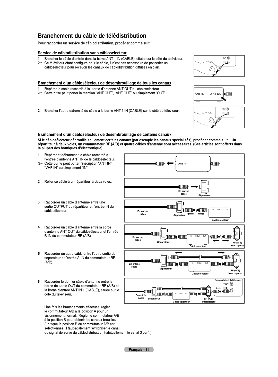 Samsung HLT4675S, HL-T5075S Branchement du câble de télédistribution, Service de câblodistribution sans câblosélecteur 