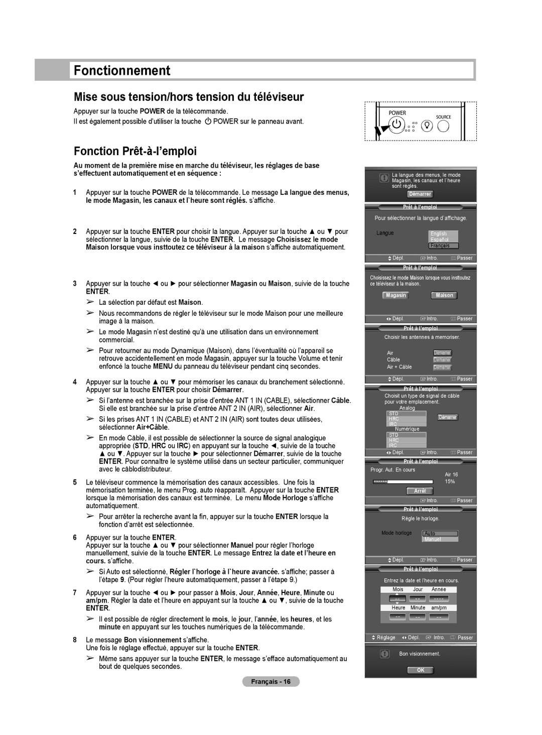 Samsung HL-T5675S Fonctionnement, Mise sous tension/hors tension du téléviseur, Fonction Prêt-à-l’emploi, Magasin Maison 