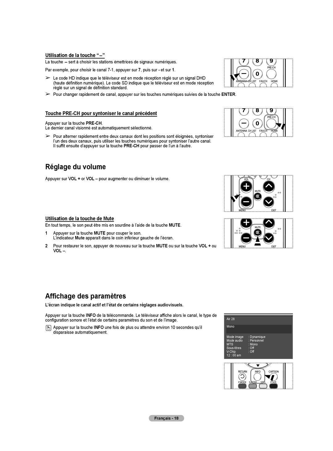 Samsung HL-T5075S manual Réglage du volume, Utilisation de la touche, Touche PRE-CH pour syntoniser le canal précédent, Vol 