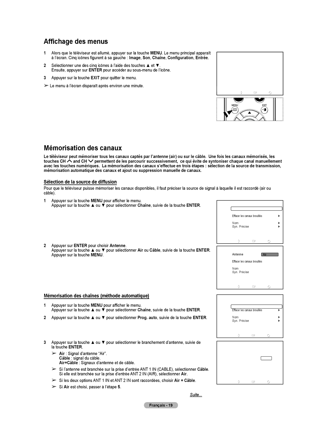 Samsung HL-T5675S, HL-T5075S, HLT4675S Affichage des menus, Mémorisation des canaux, Sélection de la source de diffusion 