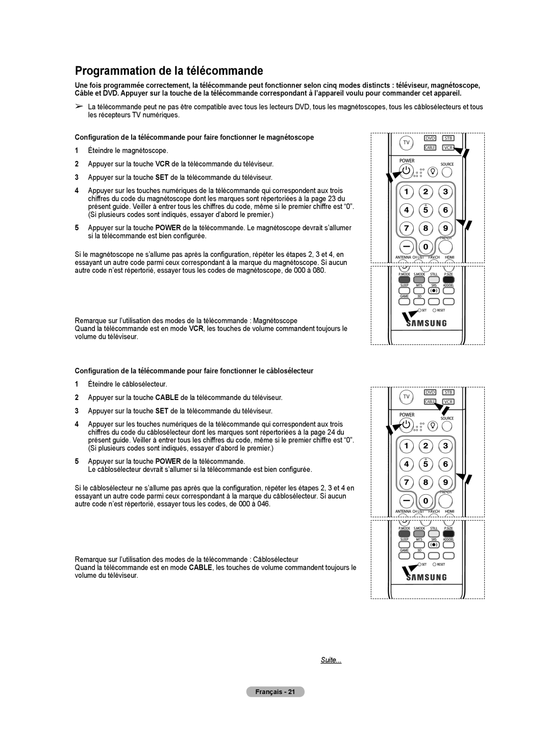 Samsung HL-T5075S, HL-T5675S, HLT4675S manual Programmation de la télécommande 