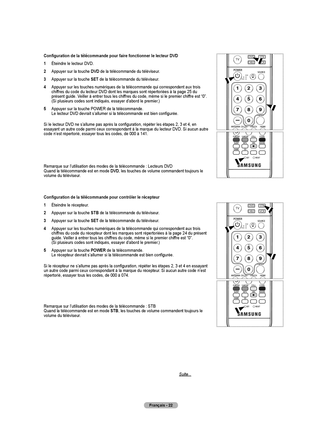 Samsung HL-T5675S, HL-T5075S, HLT4675S manual Configuration de la télécommande pour contrôler le récepteur 