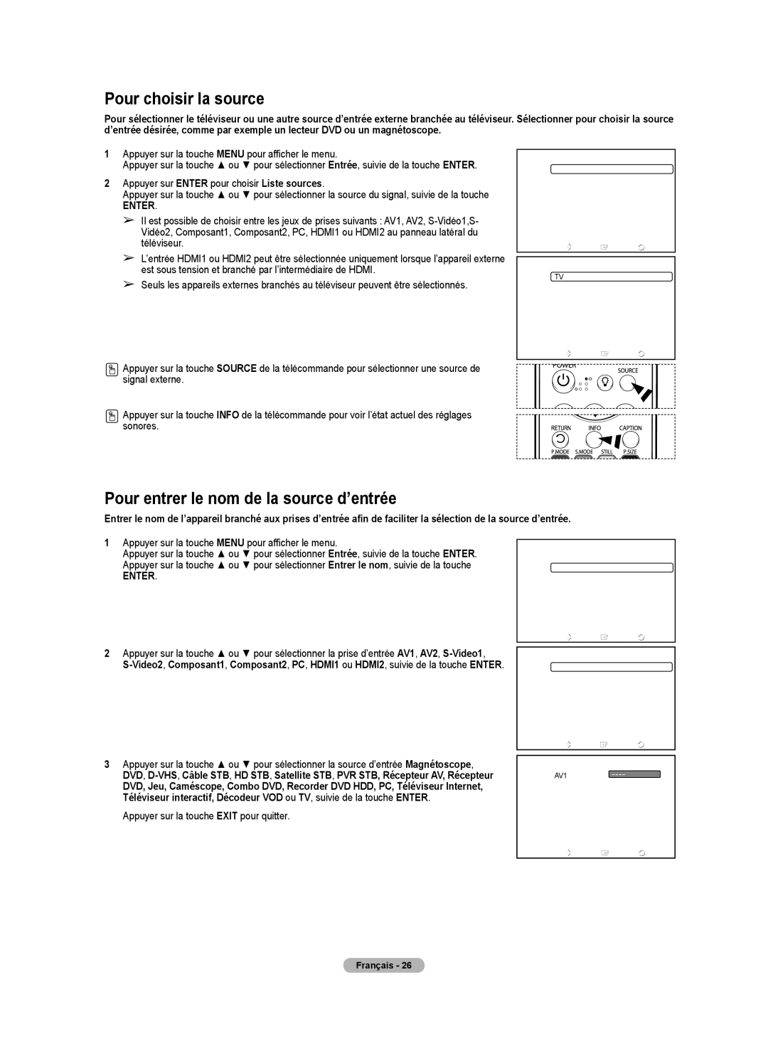 Samsung HLT4675S, HL-T5075S Pour choisir la source, Pour entrer le nom de la source d’entrée, Liste source, Entrer le nom 