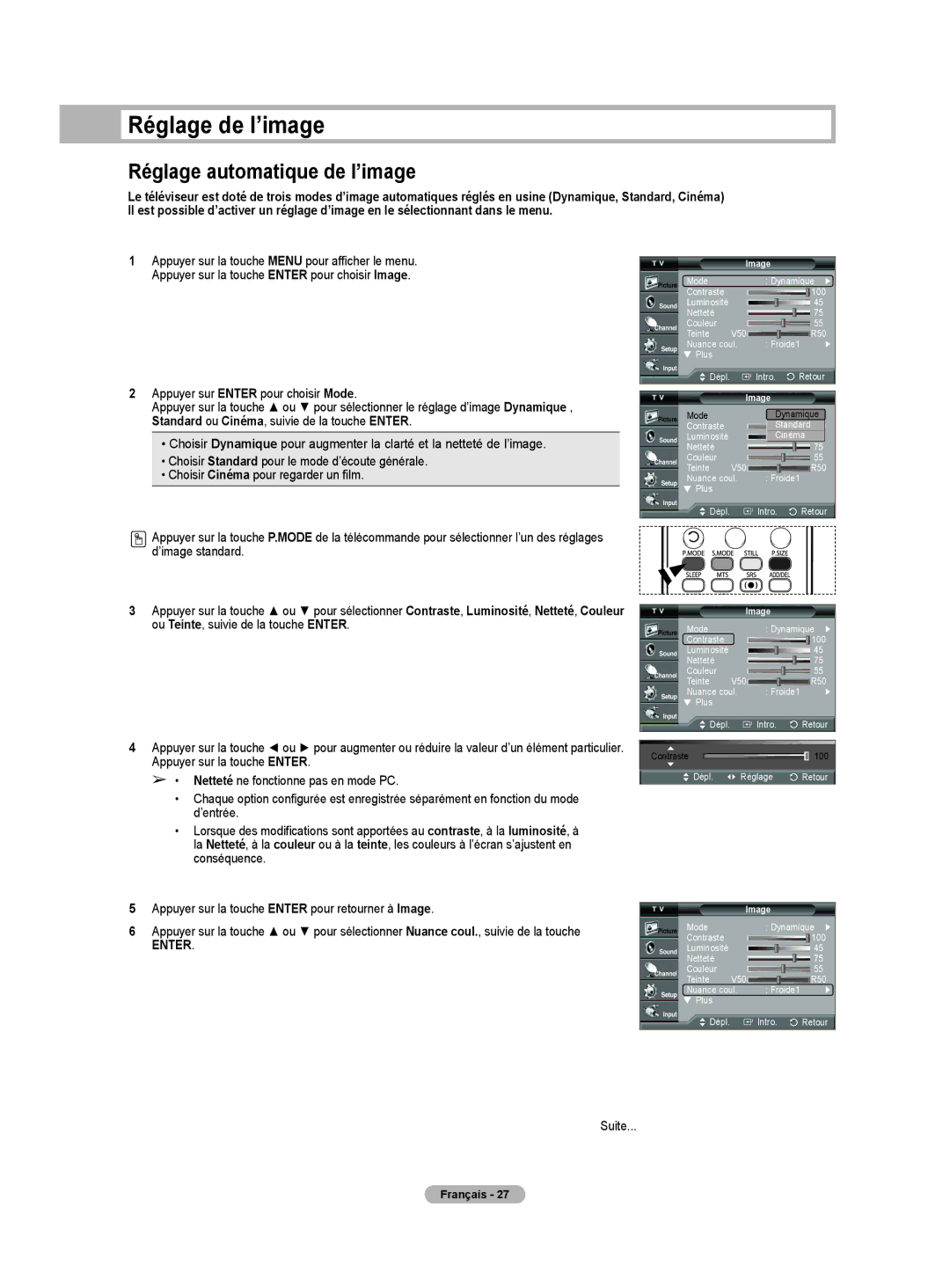 Samsung HL-T5075S, HL-T5675S, HLT4675S manual Réglage de l’image, Réglage automatique de l’image, Suite, Image 