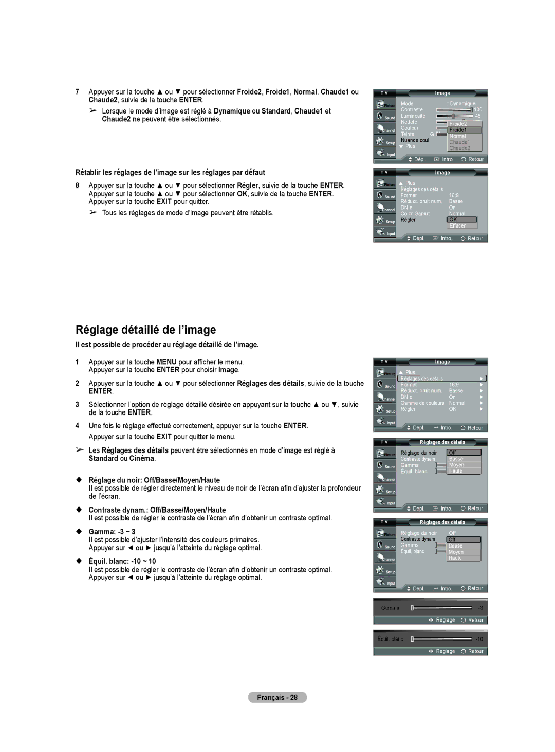 Samsung HL-T5675S, HL-T5075S manual Réglage détaillé de l’image, Il est possible de procéder au réglage détaillé de l’image 