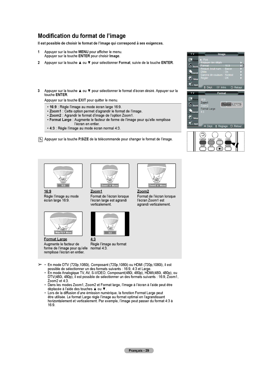 Samsung HLT4675S, HL-T5075S, HL-T5675S manual Modification du format de l’image, Format Large 