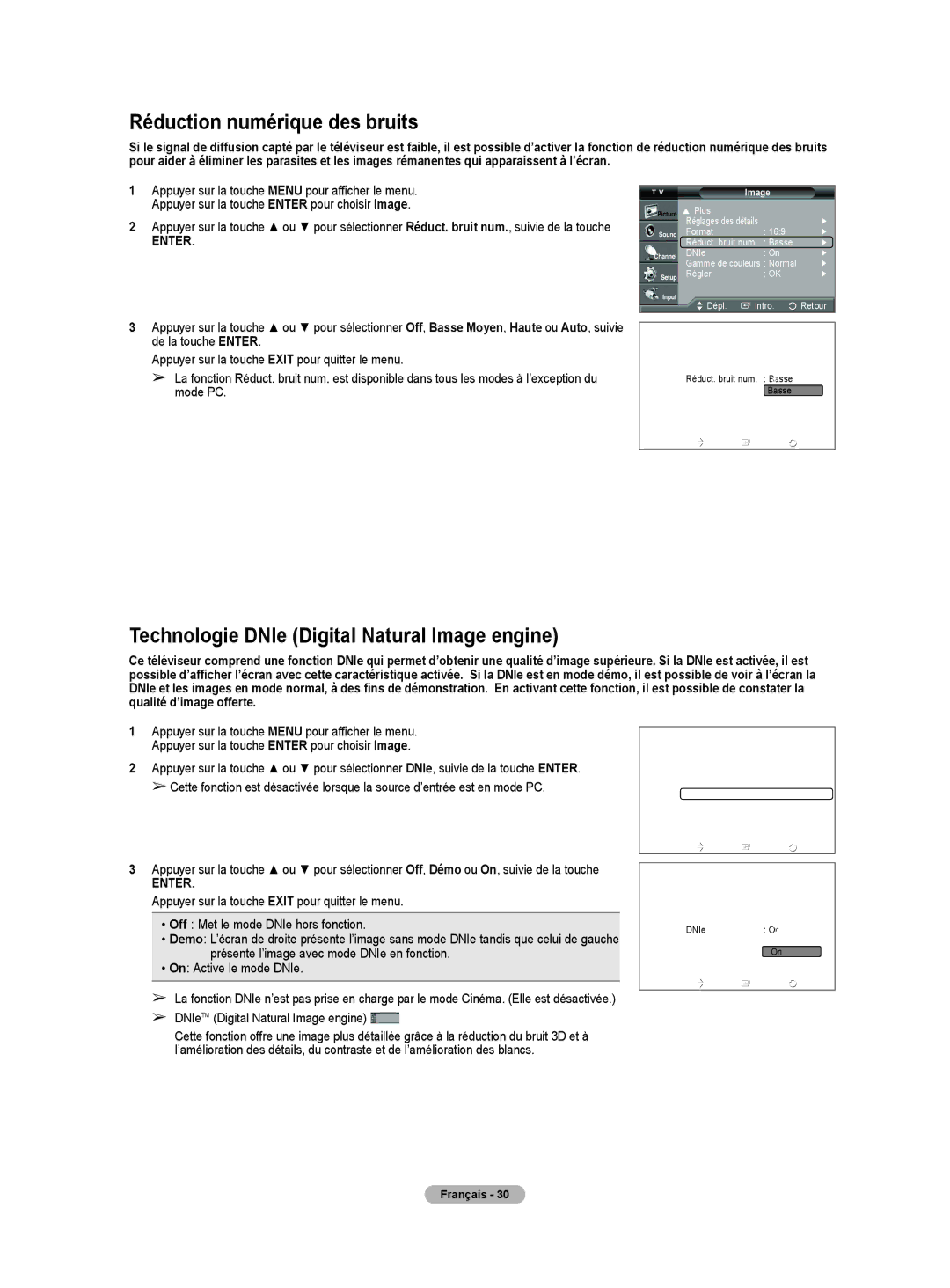 Samsung HL-T5075S, HL-T5675S, HLT4675S manual Réduction numérique des bruits, Technologie DNIe Digital Natural Image engine 