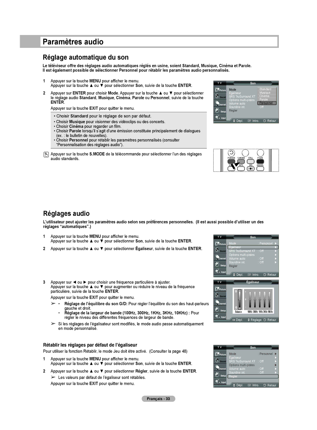 Samsung HL-T5075S, HL-T5675S, HLT4675S manual Paramètres audio, Réglage automatique du son, Réglages audio, Son 