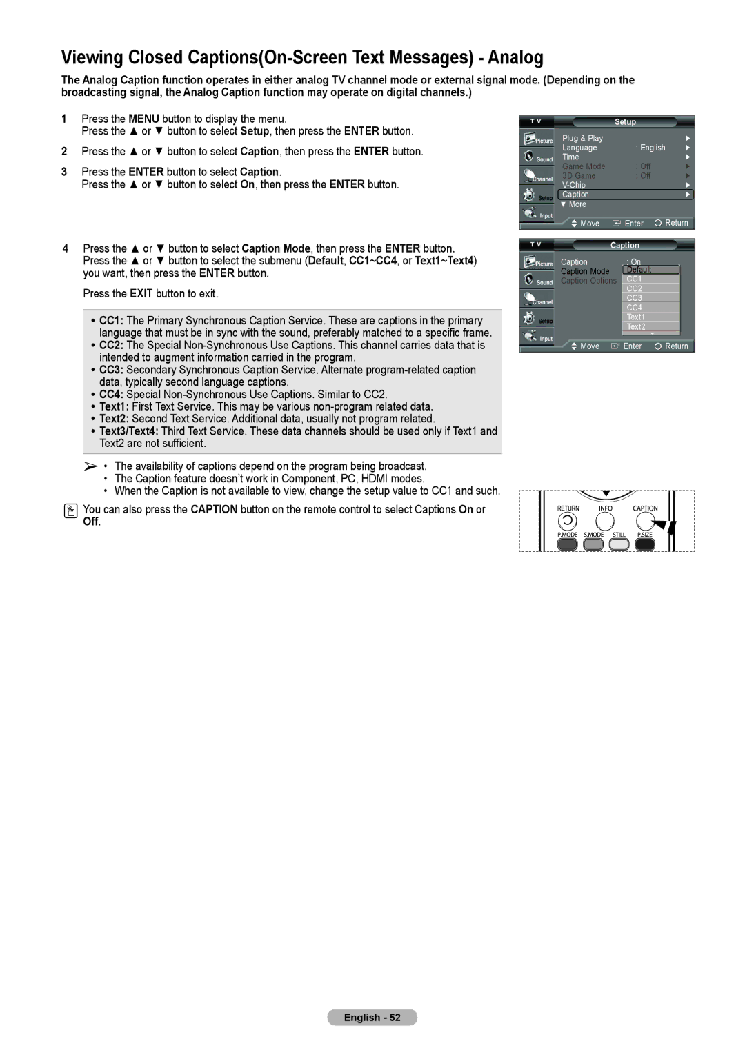 Samsung HL-T5075S, HL-T5675S manual Viewing Closed CaptionsOn-Screen Text Messages Analog 