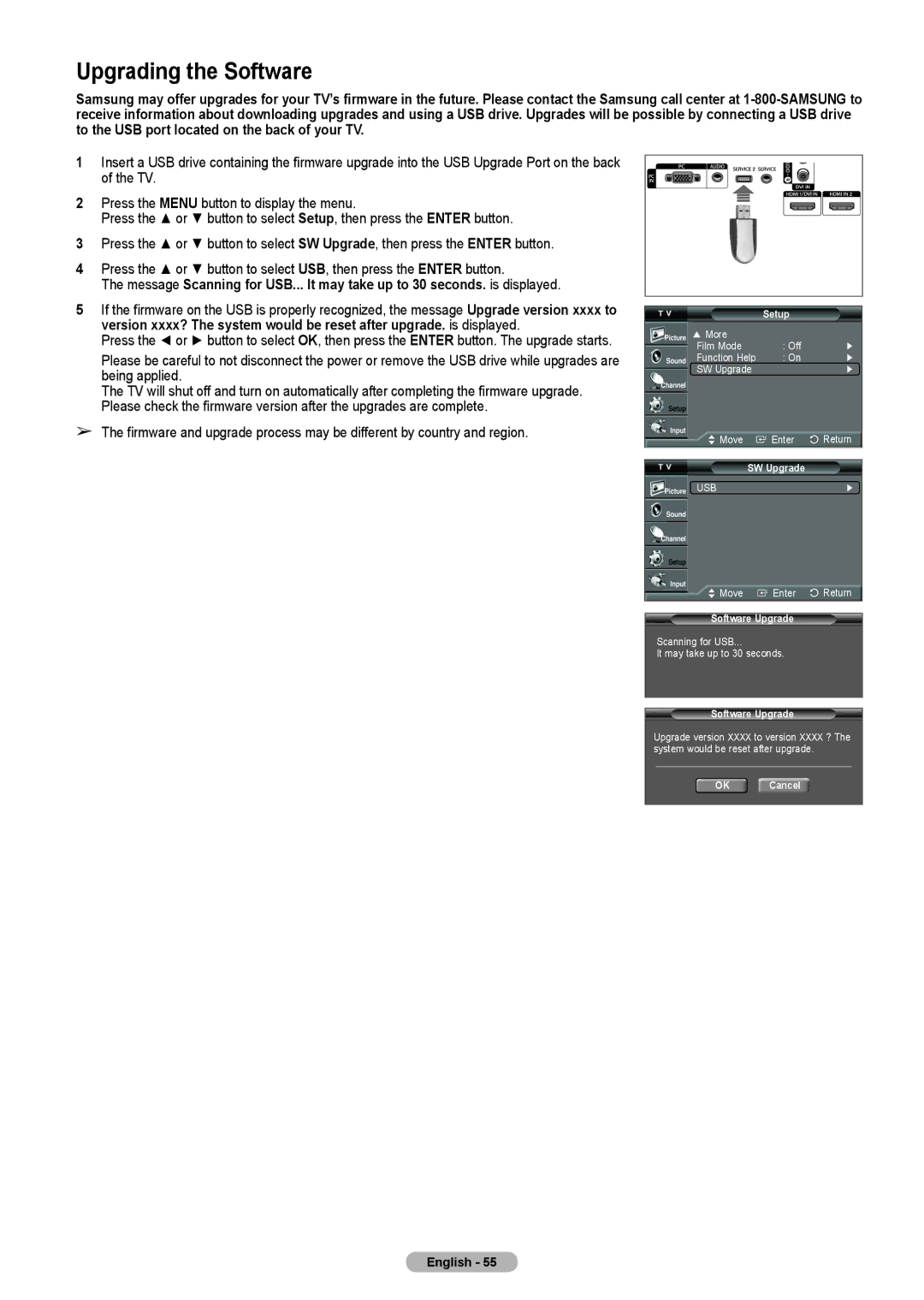 Samsung HL-T5675S, HL-T5075S manual Upgrading the Software, SW Upgrade, Software Upgrade, OK Cancel 