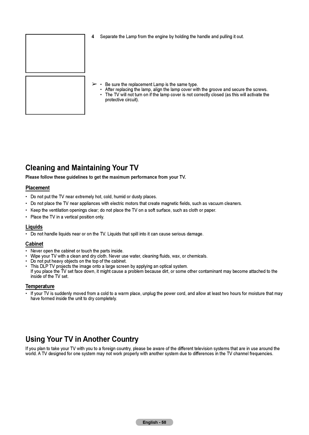 Samsung HL-T5075S, HL-T5675S manual Cleaning and Maintaining Your TV, Using Your TV in Another Country 