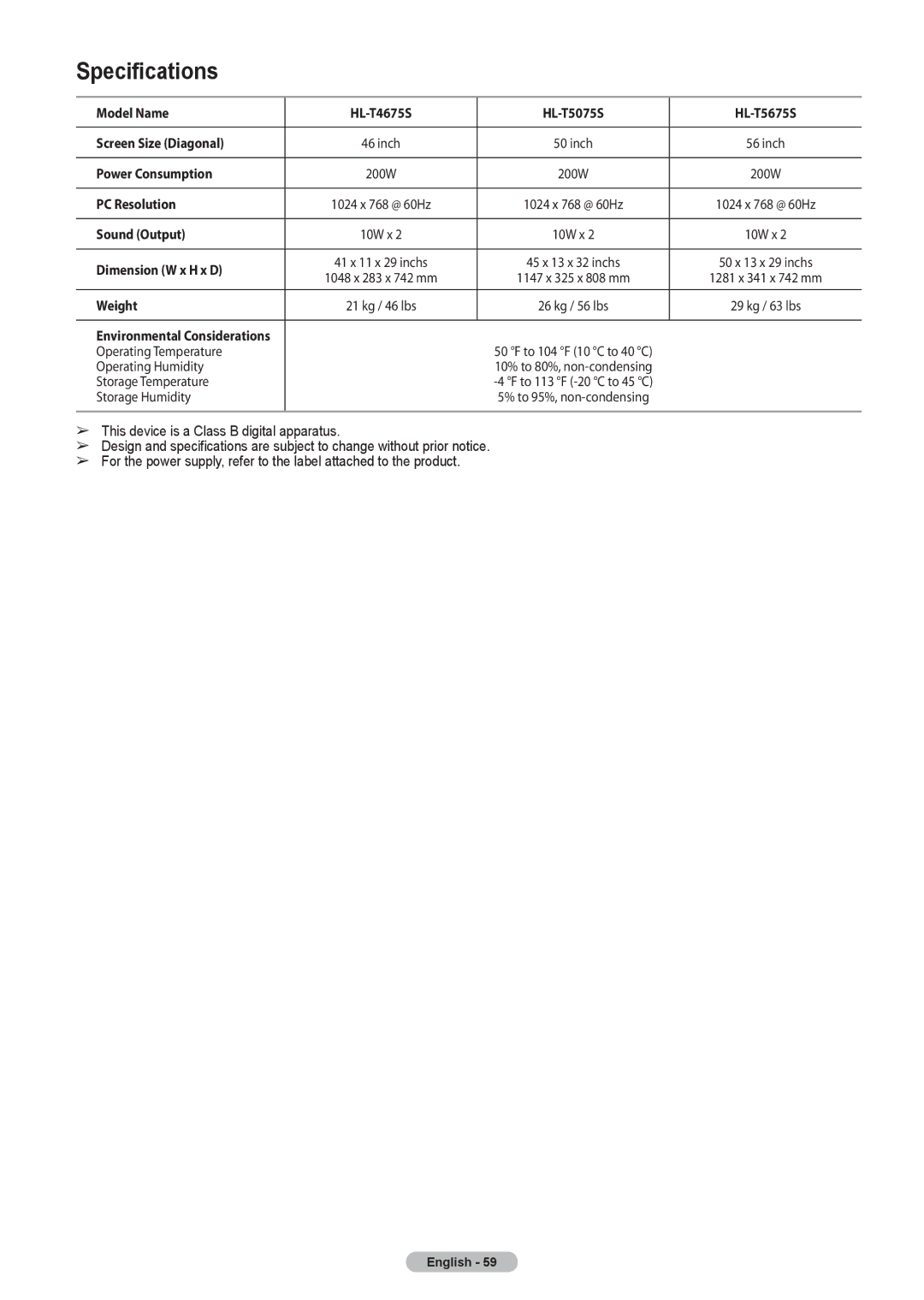 Samsung HL-T5675S, HL-T5075S manual Specifications 