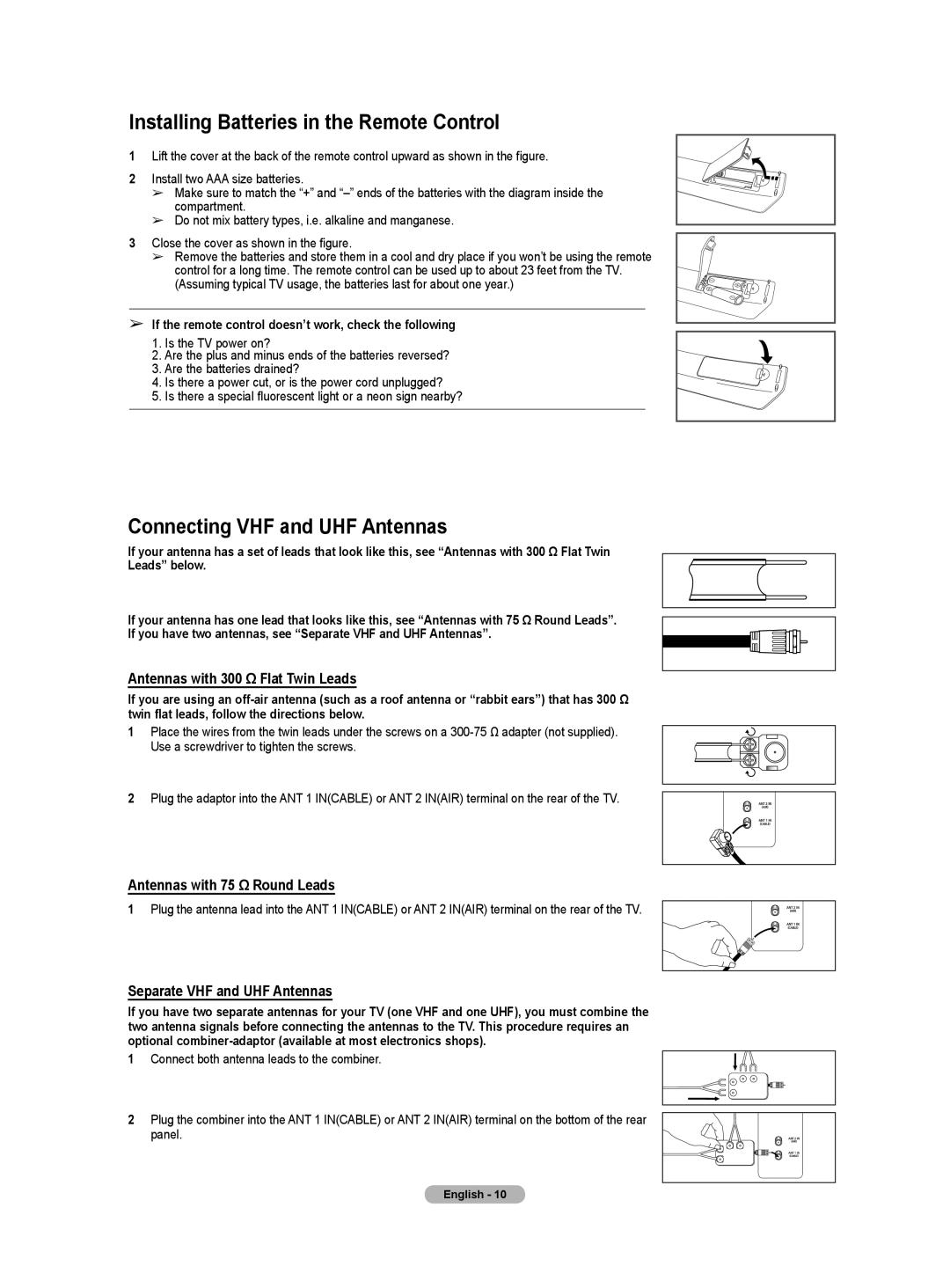 Samsung HL-T5655W, HL-T5055W manual Installing Batteries in the Remote Control, Connecting VHF and UHF Antennas 