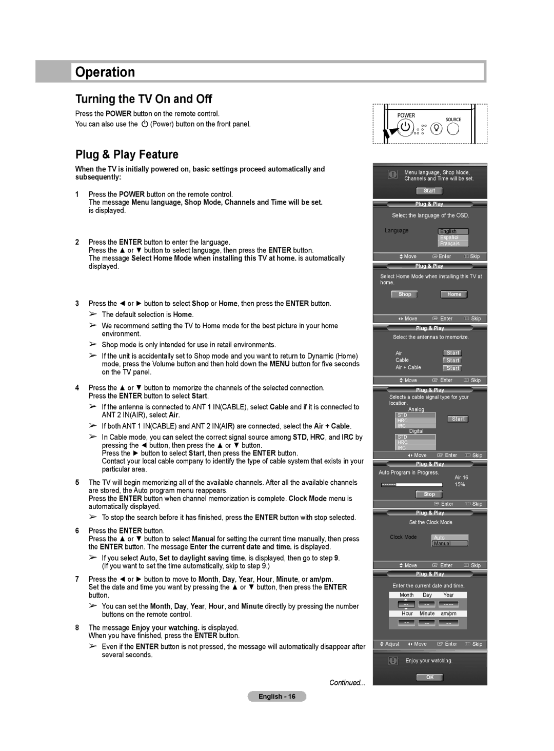 Samsung HL-T5655W Operation, Turning the TV On and Off, Plug & Play Feature, Press the Power button on the remote control 