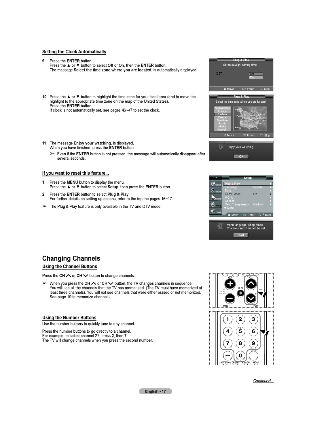 Samsung HL-T5055W, HL-T5655W manual Changing Channels, Setting the Clock Automatically, If you want to reset this feature 