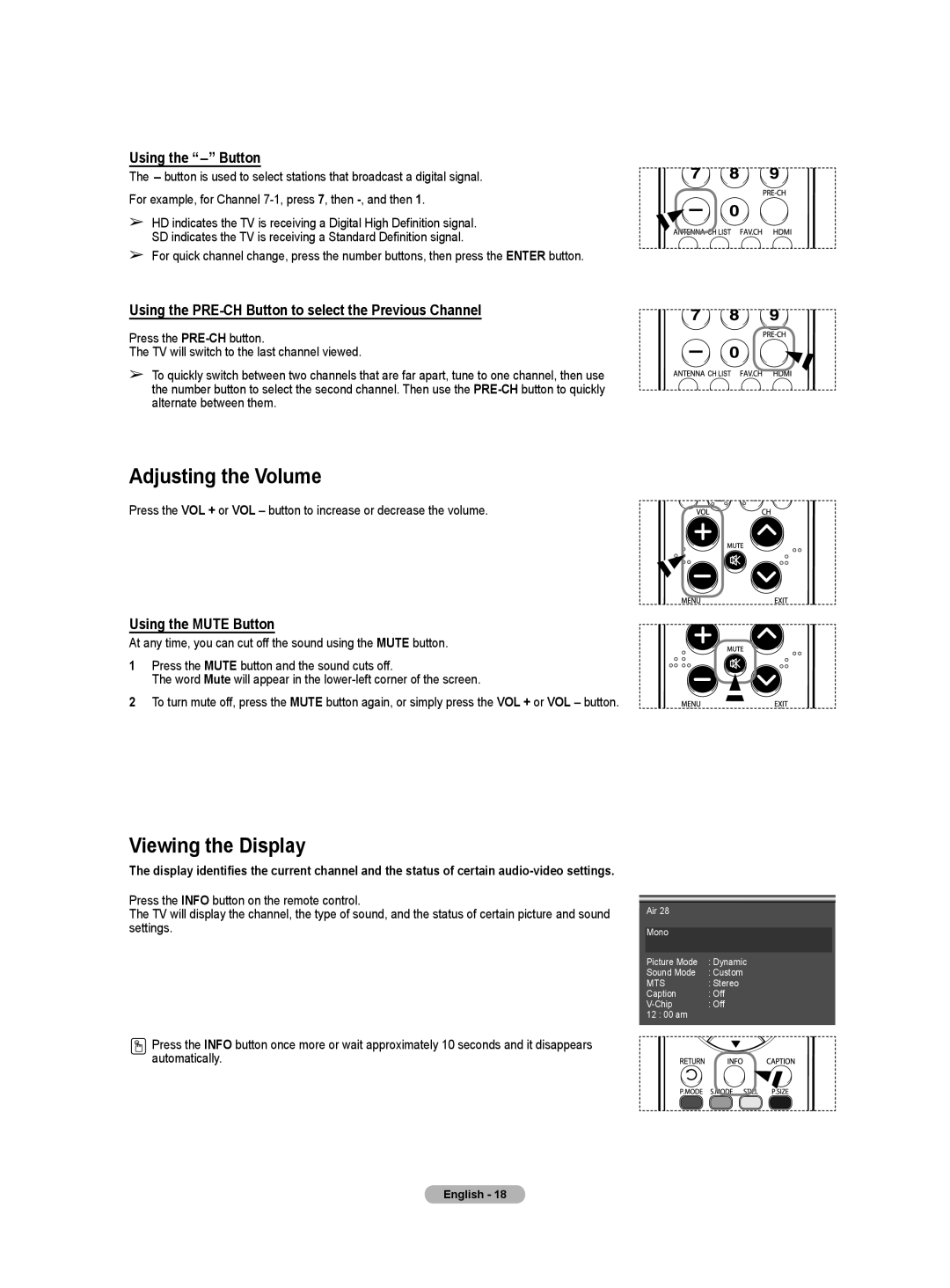 Samsung HL-T5655W, HL-T5055W manual Adjusting the Volume, Viewing the Display, Using the Button, Using the Mute Button 