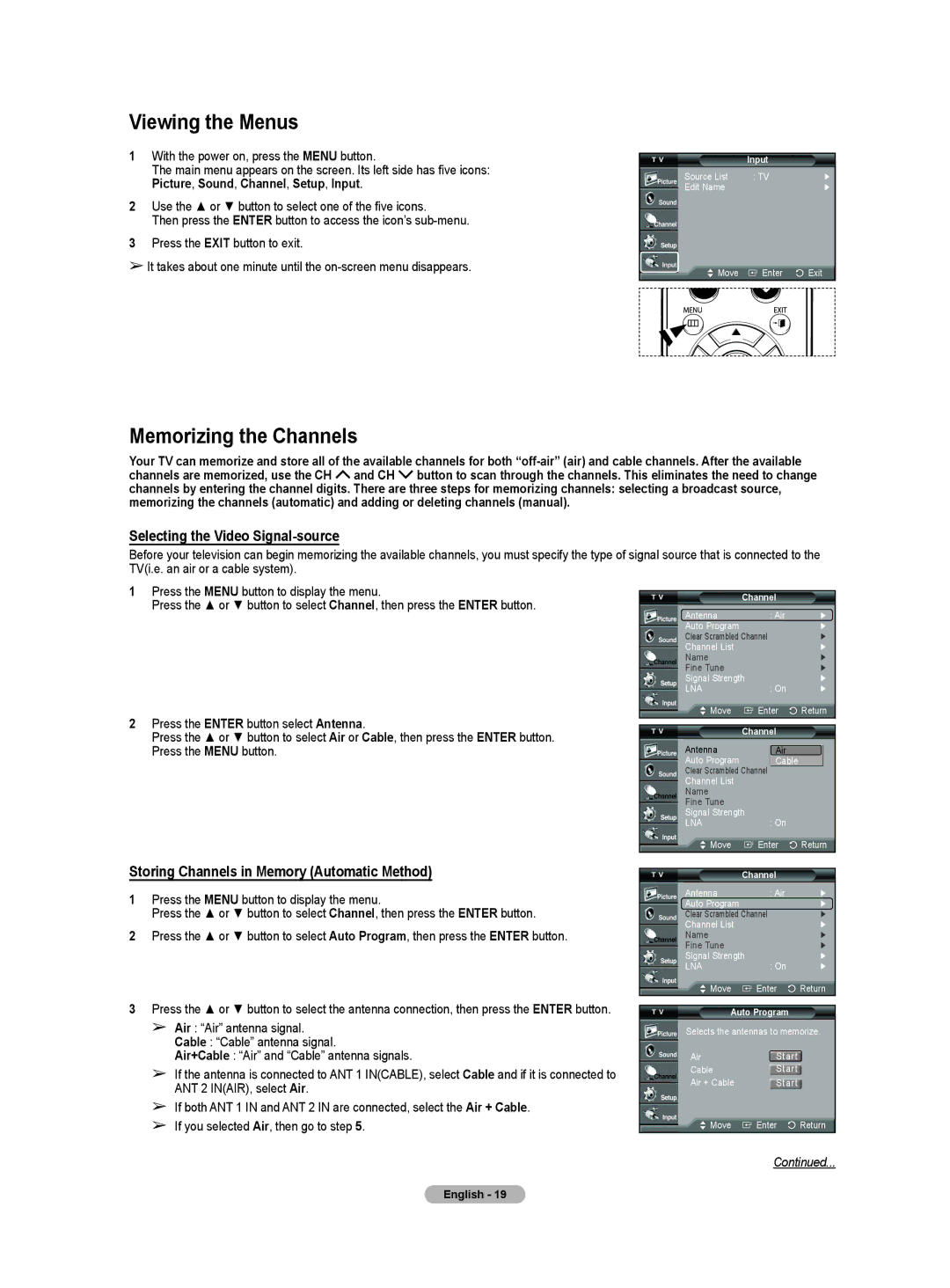 Samsung HL-T5055W, HL-T5655W manual Viewing the Menus, Memorizing the Channels, Selecting the Video Signal-source 