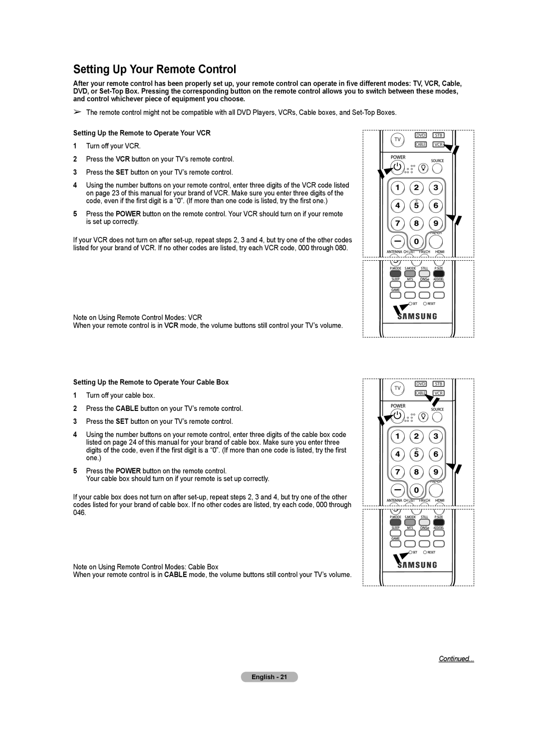 Samsung HL-T5055W, HL-T5655W manual Setting Up Your Remote Control 