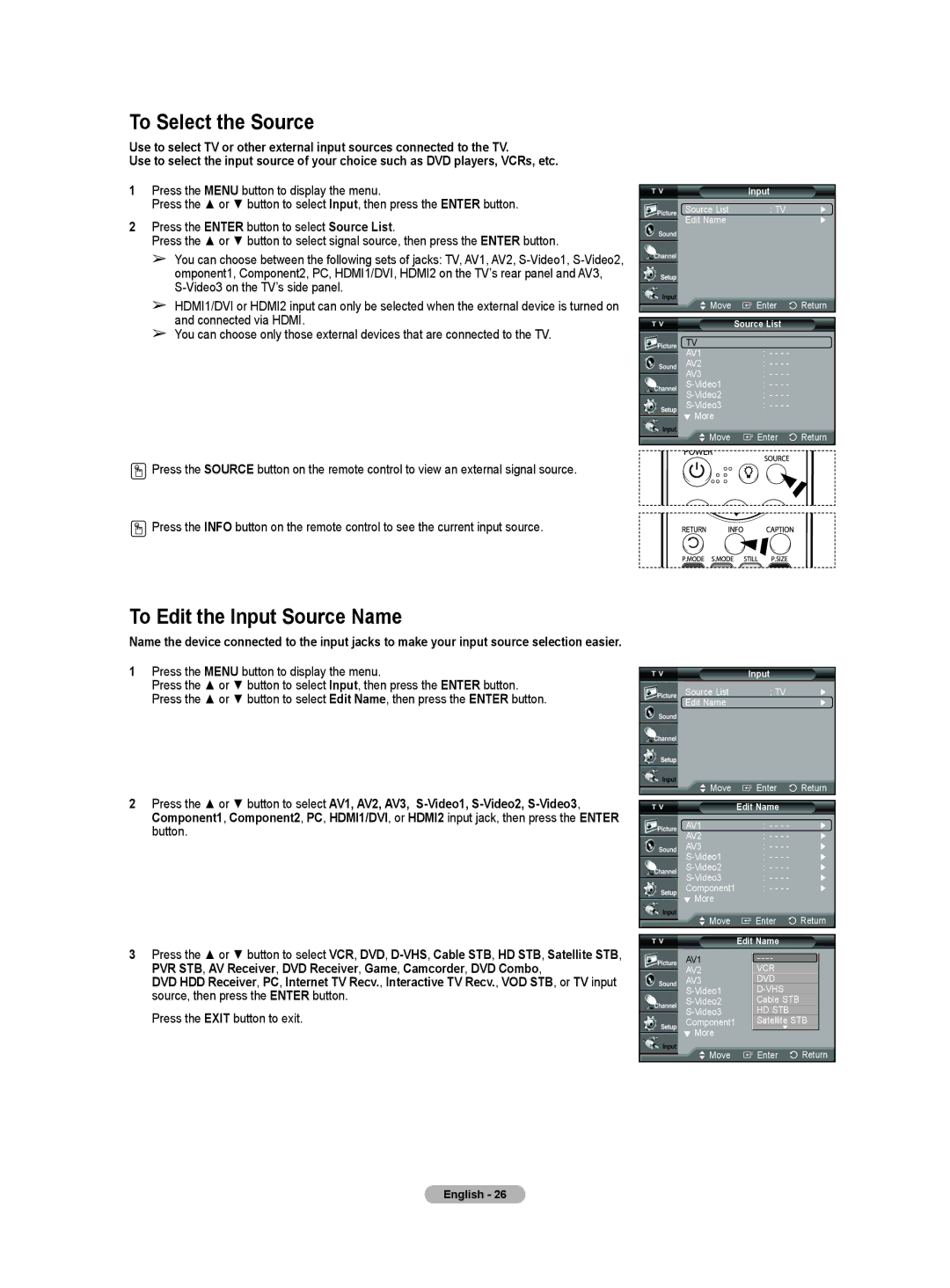 Samsung HL-T5655W, HL-T5055W manual To Select the Source, To Edit the Input Source Name 