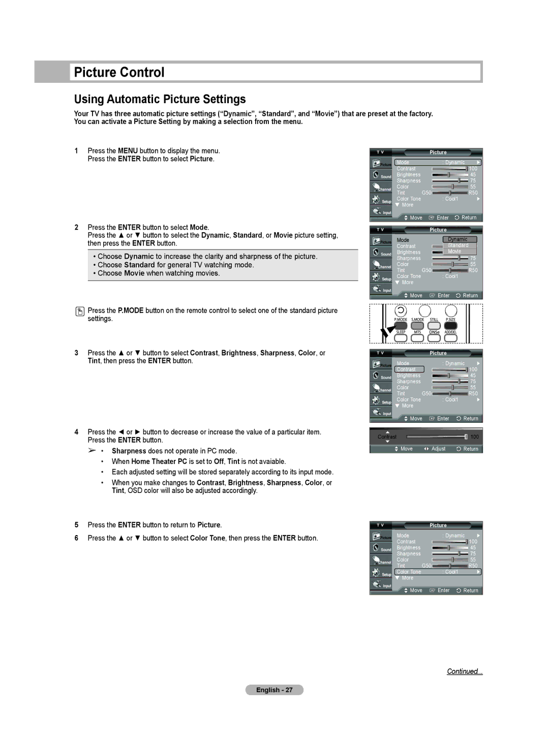 Samsung HL-T5055W, HL-T5655W manual Picture Control, Using Automatic Picture Settings 