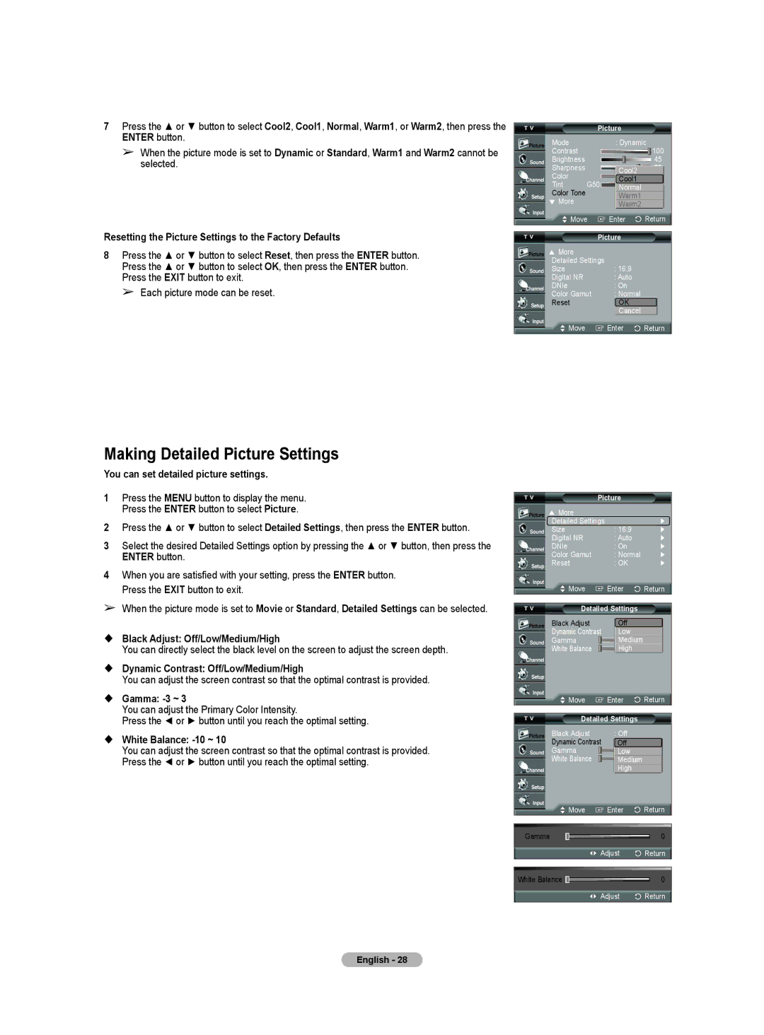 Samsung HL-T5655W, HL-T5055W manual Making Detailed Picture Settings 