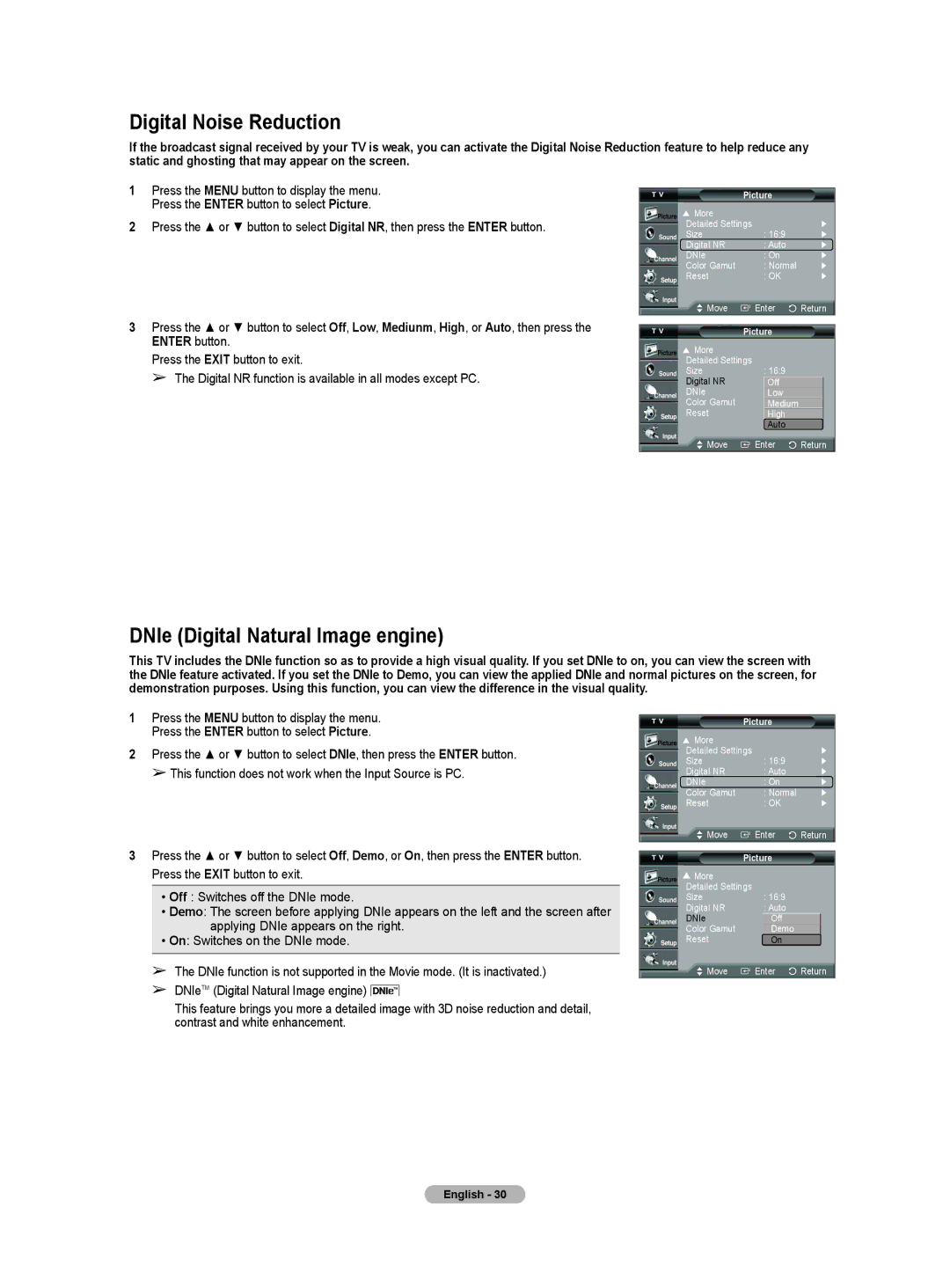 Samsung HL-T5655W, HL-T5055W manual Digital Noise Reduction, DNIe Digital Natural Image engine 