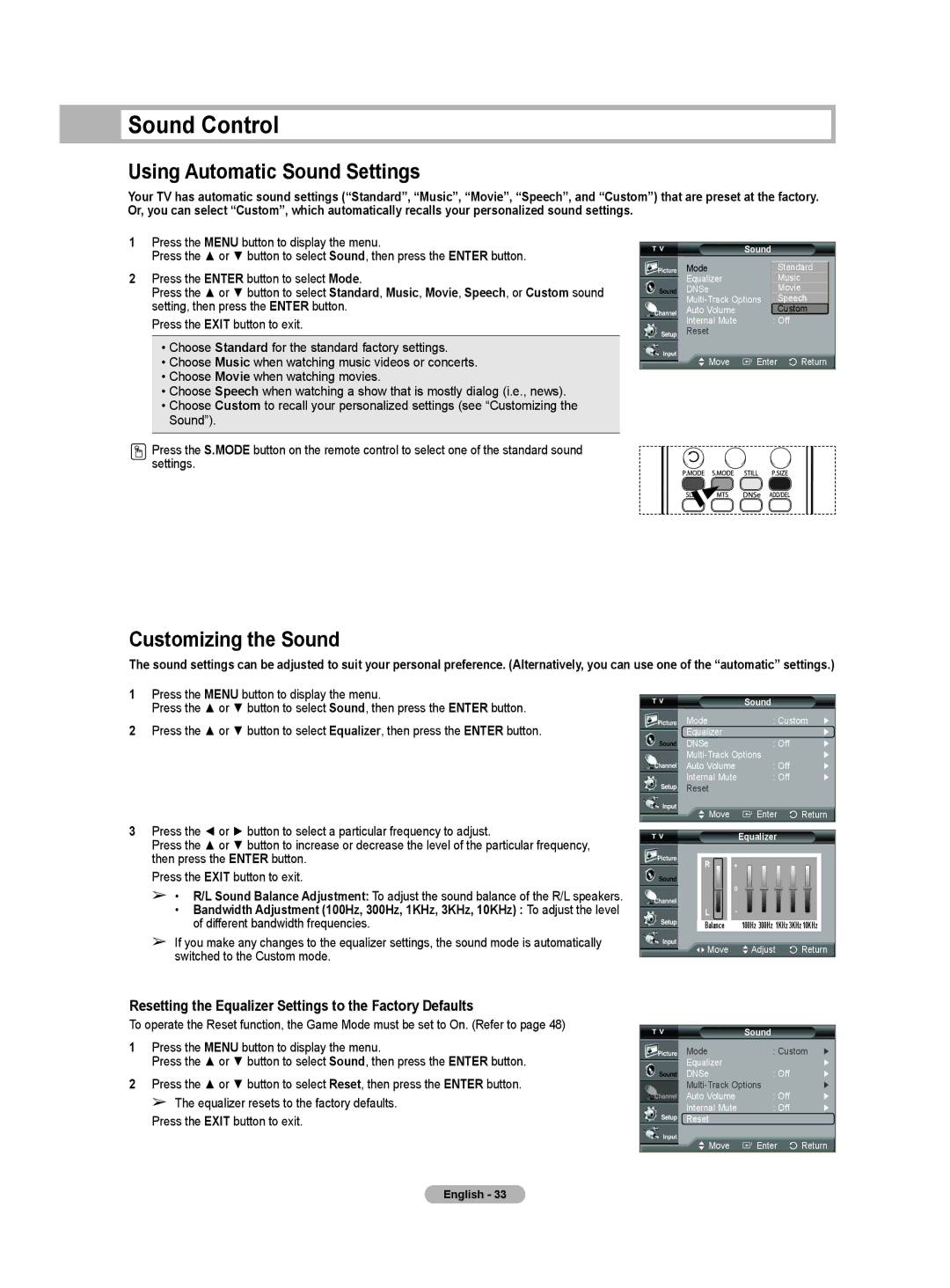 Samsung HL-T5055W, HL-T5655W manual Sound Control, Using Automatic Sound Settings, Customizing the Sound 