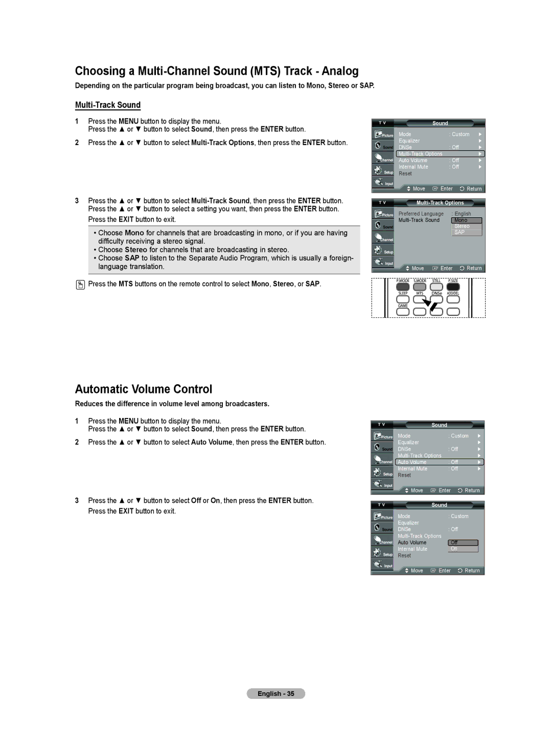 Samsung HL-T5055W, HL-T5655W Choosing a Multi-Channel Sound MTS Track Analog, Automatic Volume Control, Multi-Track Sound 