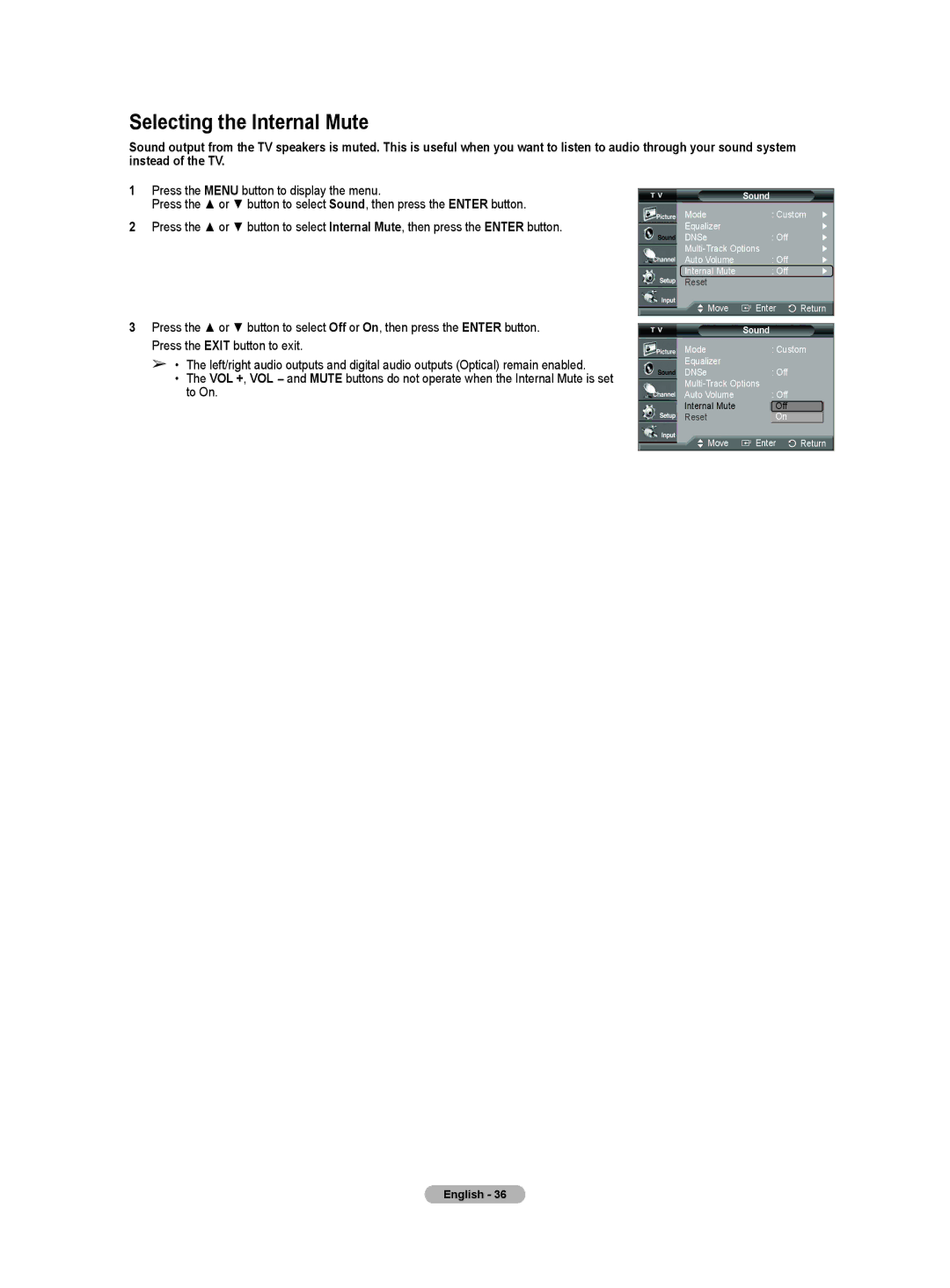 Samsung HL-T5655W, HL-T5055W manual Selecting the Internal Mute 