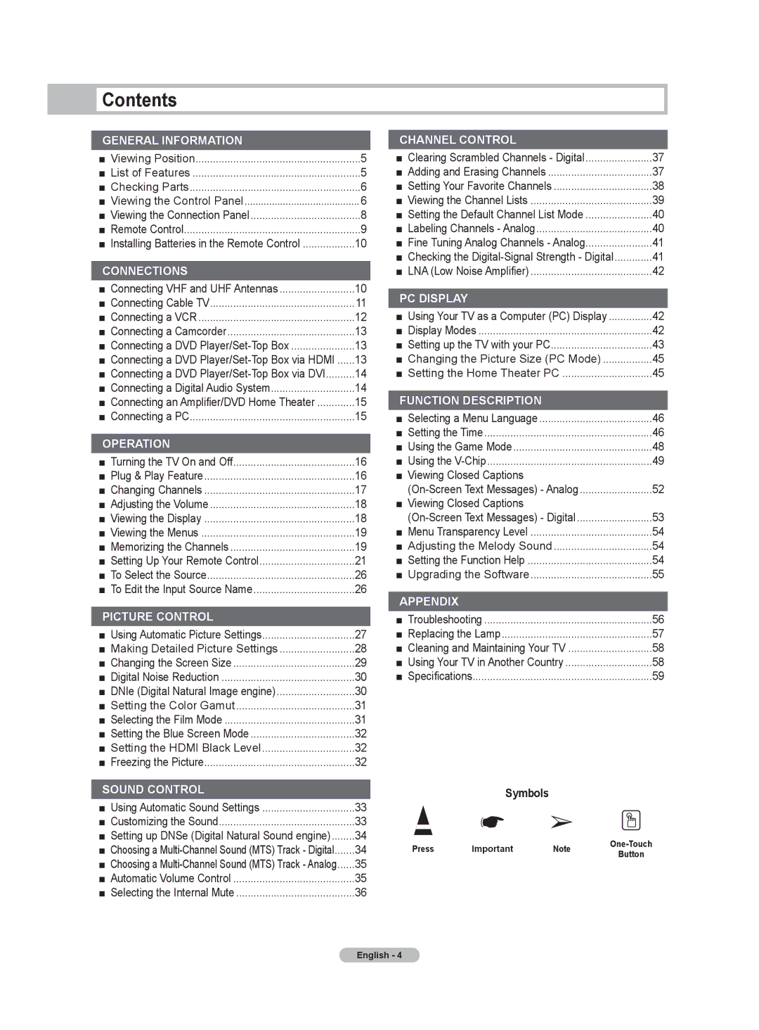 Samsung HL-T5655W, HL-T5055W manual Contents 