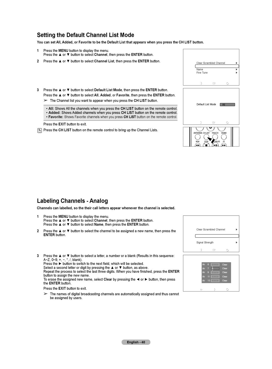 Samsung HL-T5655W, HL-T5055W manual Setting the Default Channel List Mode, Labeling Channels Analog, Name 