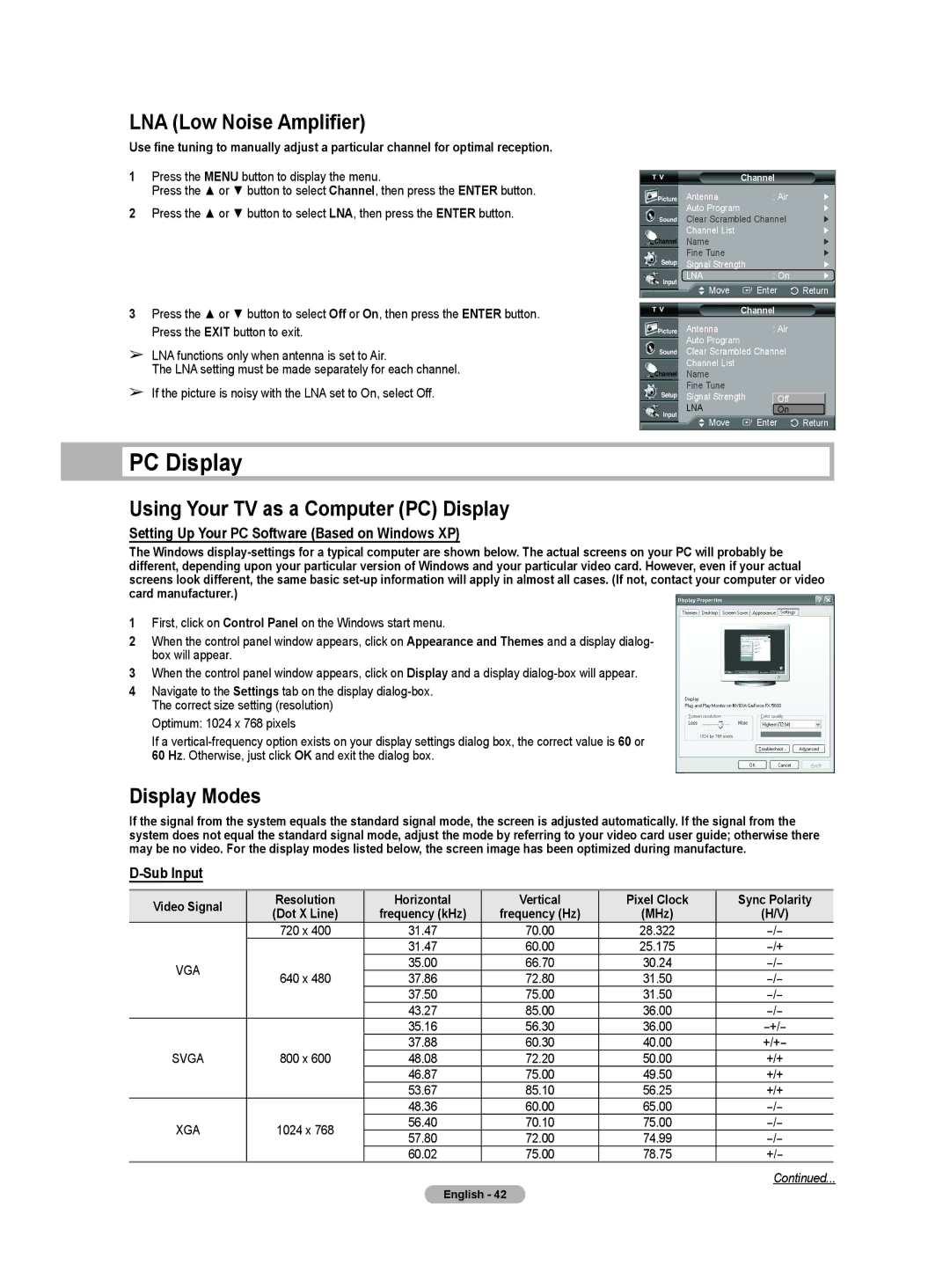 Samsung HL-T5655W, HL-T5055W manual LNA Low Noise Amplifier, Using Your TV as a Computer PC Display, Display Modes 