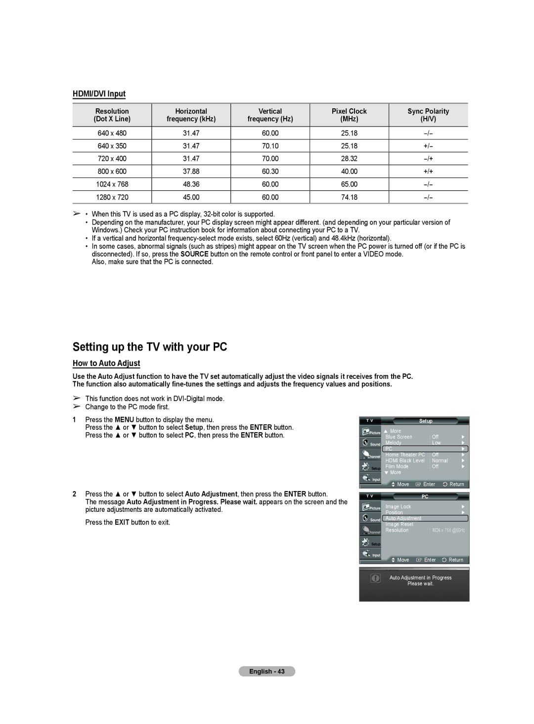 Samsung HL-T5055W, HL-T5655W manual Setting up the TV with your PC, HDMI/DVI Input, How to Auto Adjust 