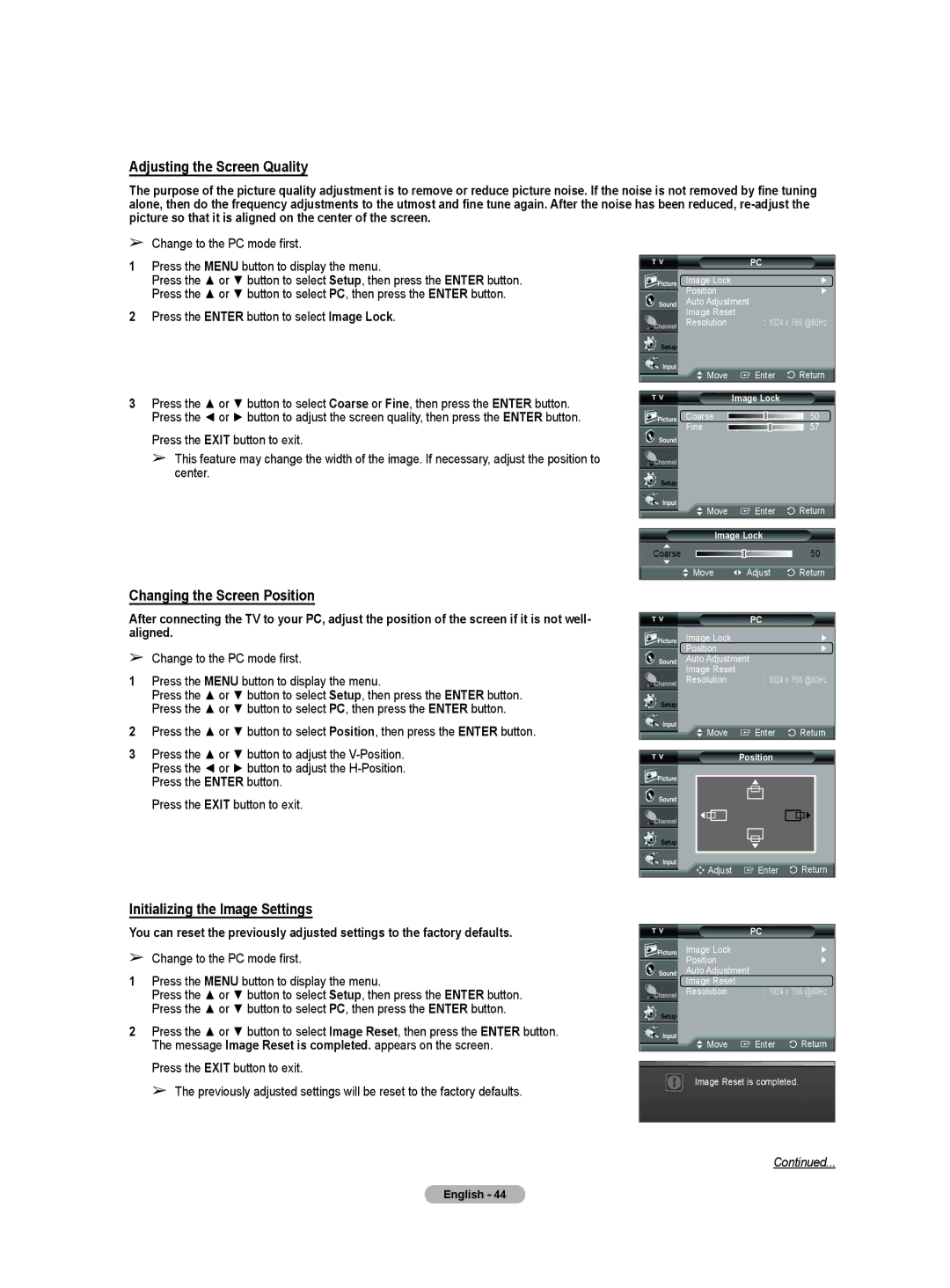 Samsung HL-T5655W Adjusting the Screen Quality, Changing the Screen Position, Initializing the Image Settings, Image Lock 