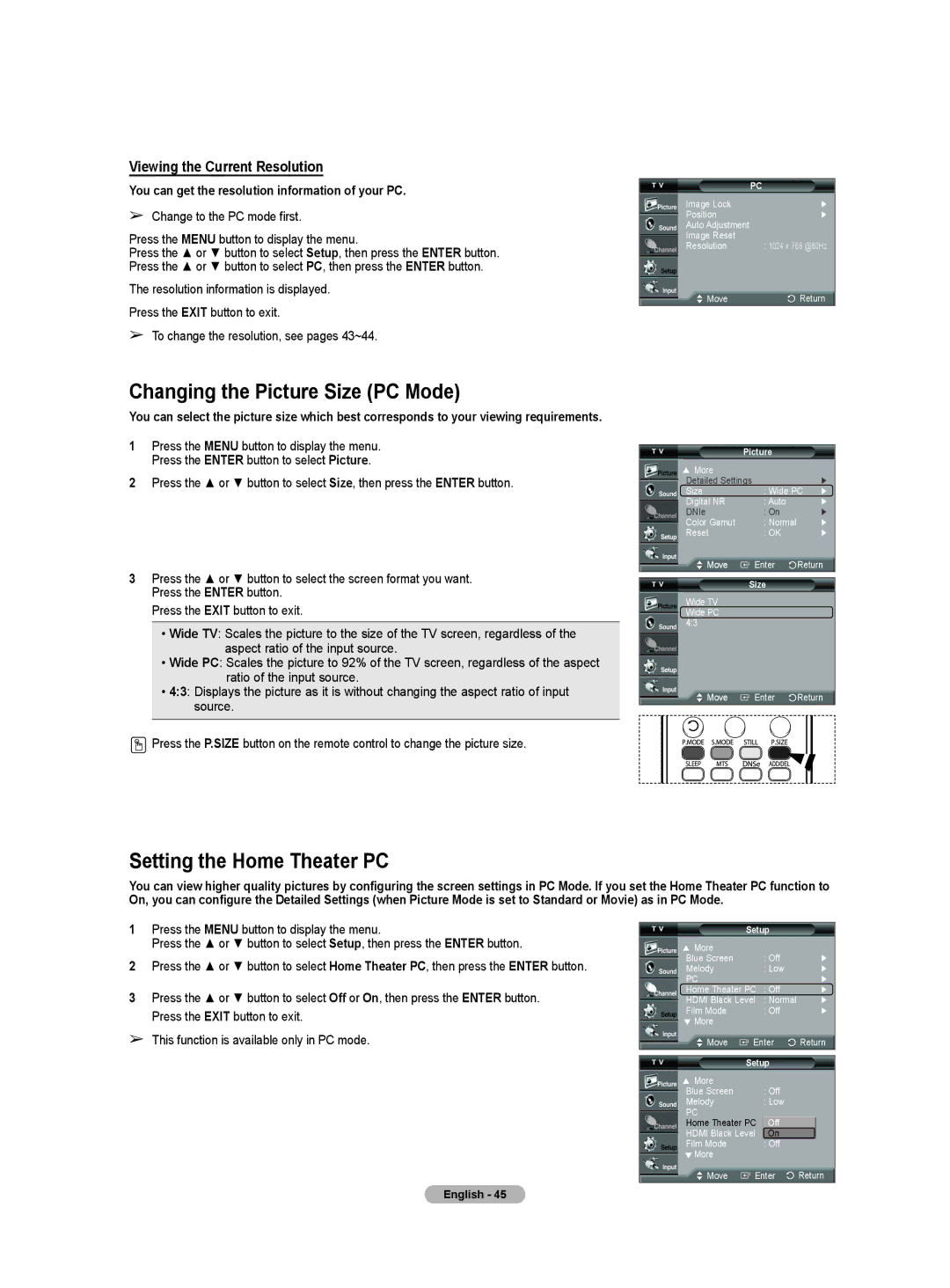 Samsung HL-T5055W manual Changing the Picture Size PC Mode, Setting the Home Theater PC, Viewing the Current Resolution 