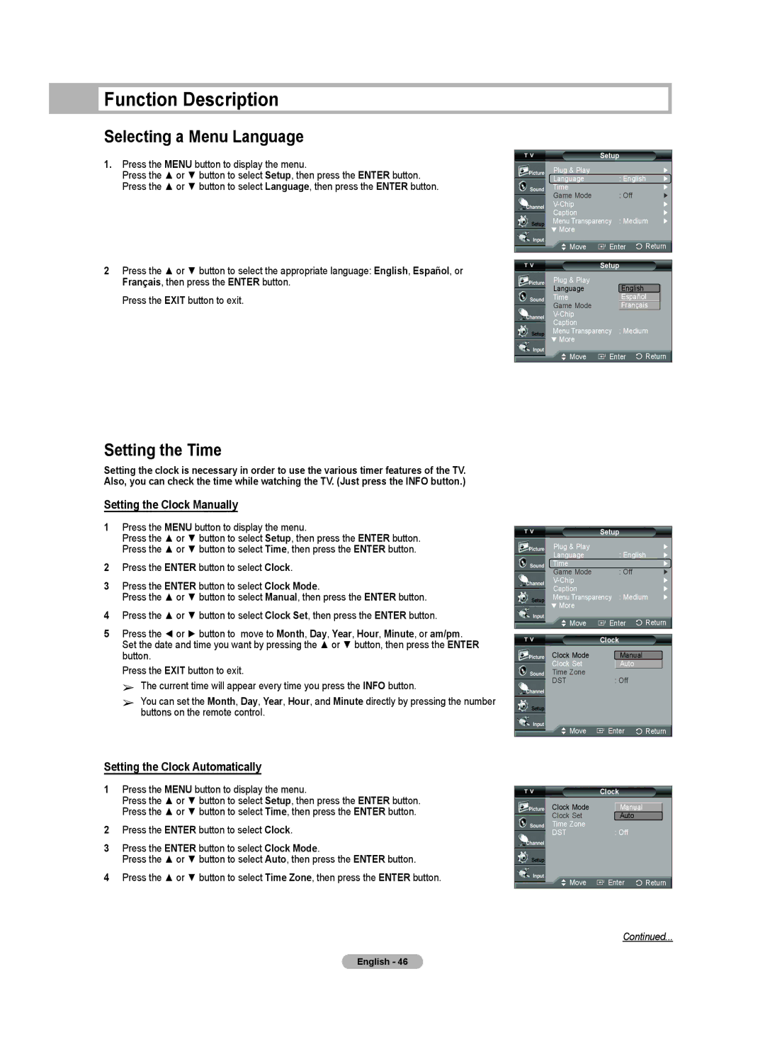 Samsung HL-T5655W, HL-T5055W Function Description, Selecting a Menu Language, Setting the Time, Setting the Clock Manually 