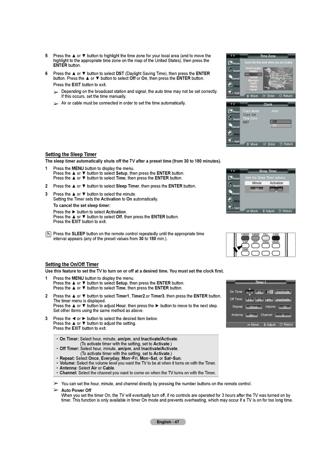 Samsung HL-T5055W, HL-T5655W manual Setting the Sleep Timer, Setting the On/Off Timer 