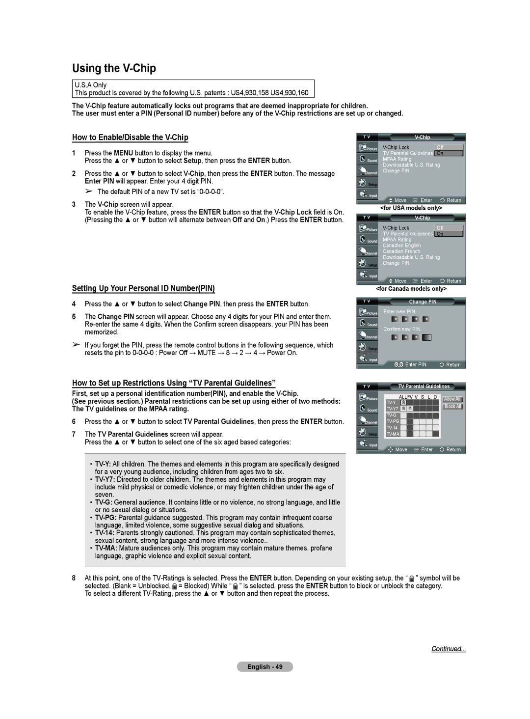 Samsung HL-T5055W, HL-T5655W Using the V-Chip, How to Enable/Disable the V-Chip, Press the Menu button to display the menu 