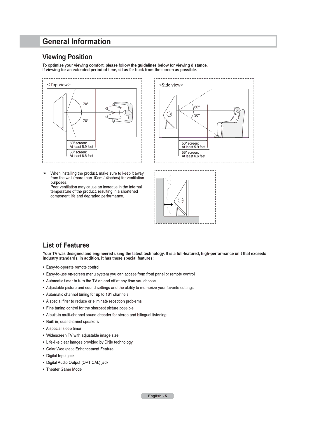 Samsung HL-T5055W, HL-T5655W manual General Information, Viewing Position, List of Features 