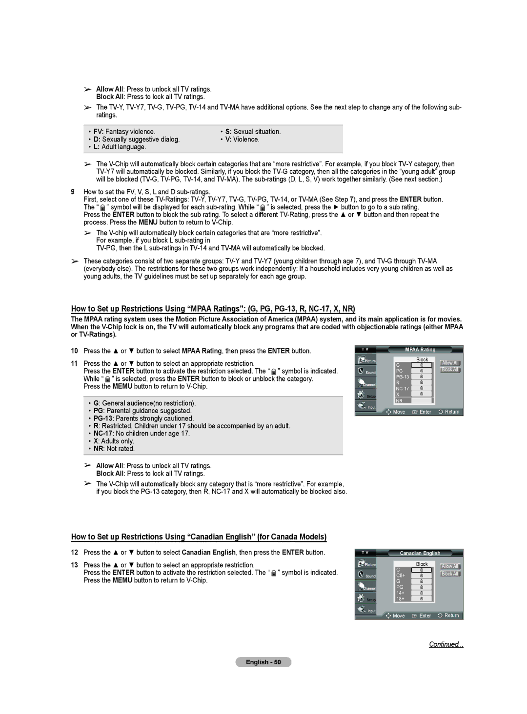 Samsung HL-T5655W, HL-T5055W manual How to set the FV, V, S, L and D sub-ratings, Mpaa Rating 