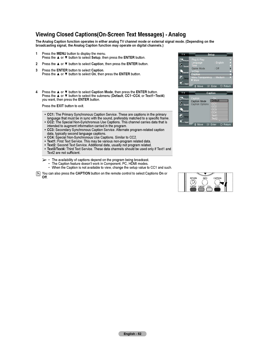 Samsung HL-T5655W, HL-T5055W manual Viewing Closed CaptionsOn-Screen Text Messages Analog 