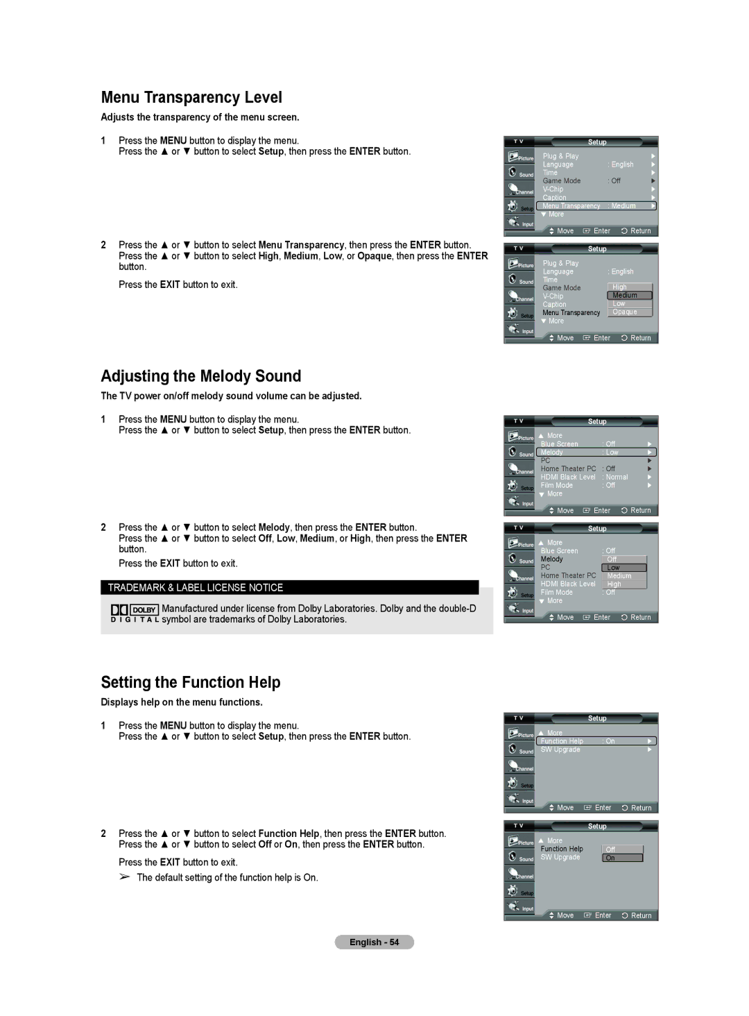 Samsung HL-T5655W, HL-T5055W manual Menu Transparency Level, Adjusting the Melody Sound, Setting the Function Help 